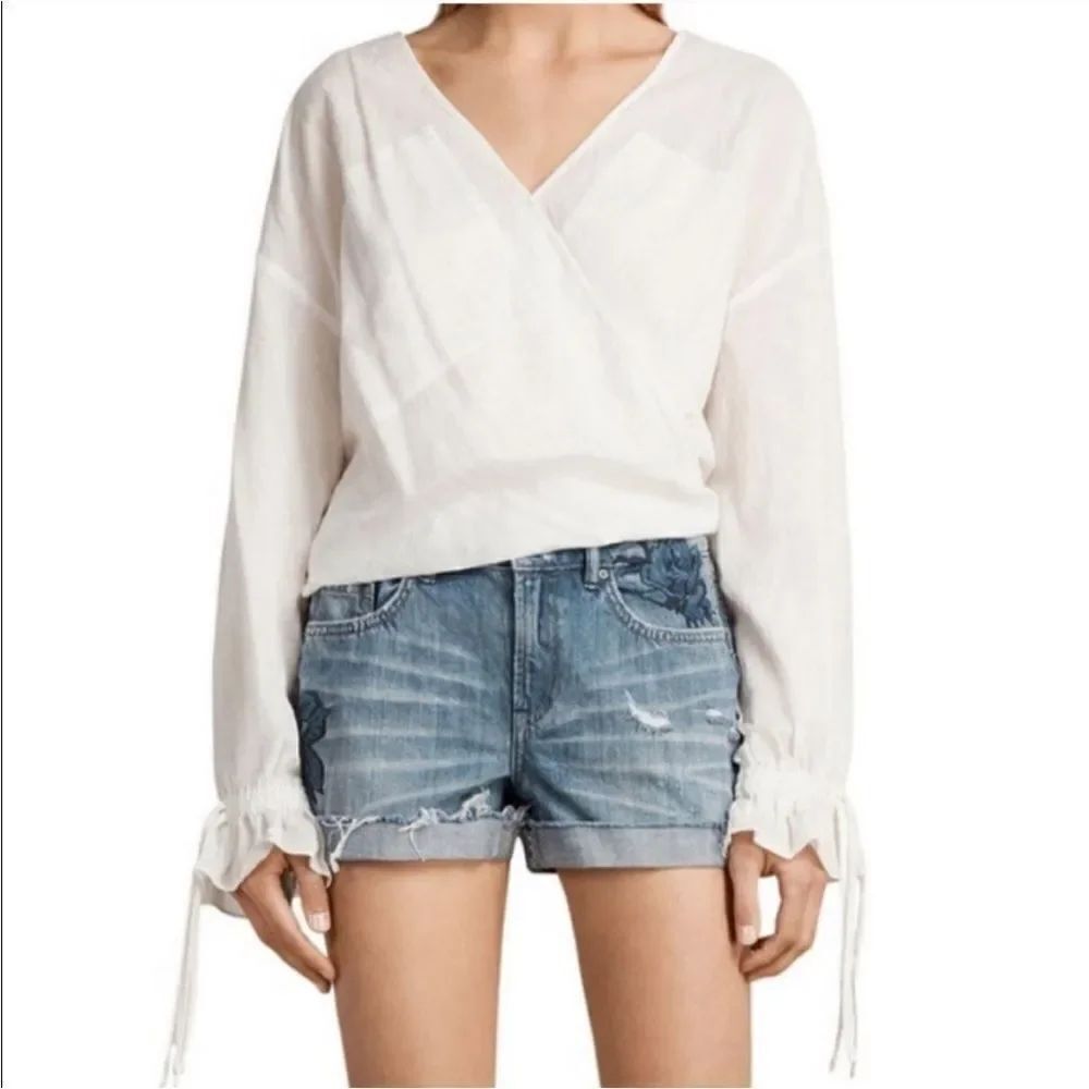 All Saints Blue Distressed Denim Floral Embroidered Raw Hem Shorts Boho Casual